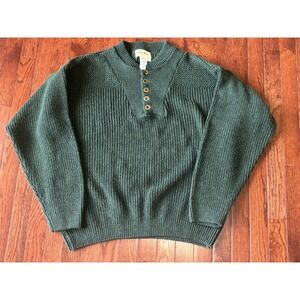 Vintage Eddie Bauer Sweater Mens Large Green Cotton Ribbed Henley Knit USA 1990s